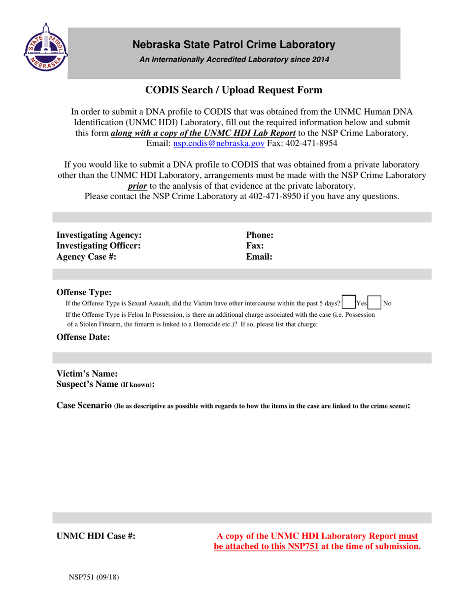 Form NSP751 Codis Search / Upload Request Form - Nebraska, Page 1