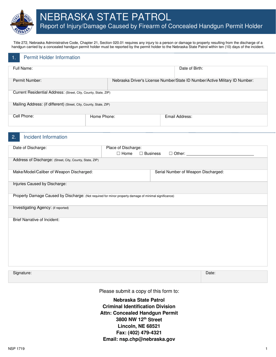 Form NSP1719 Report of Injury / Damage Caused by Firearm of Concealed Handgun Permit Holder - Nebraska, Page 1