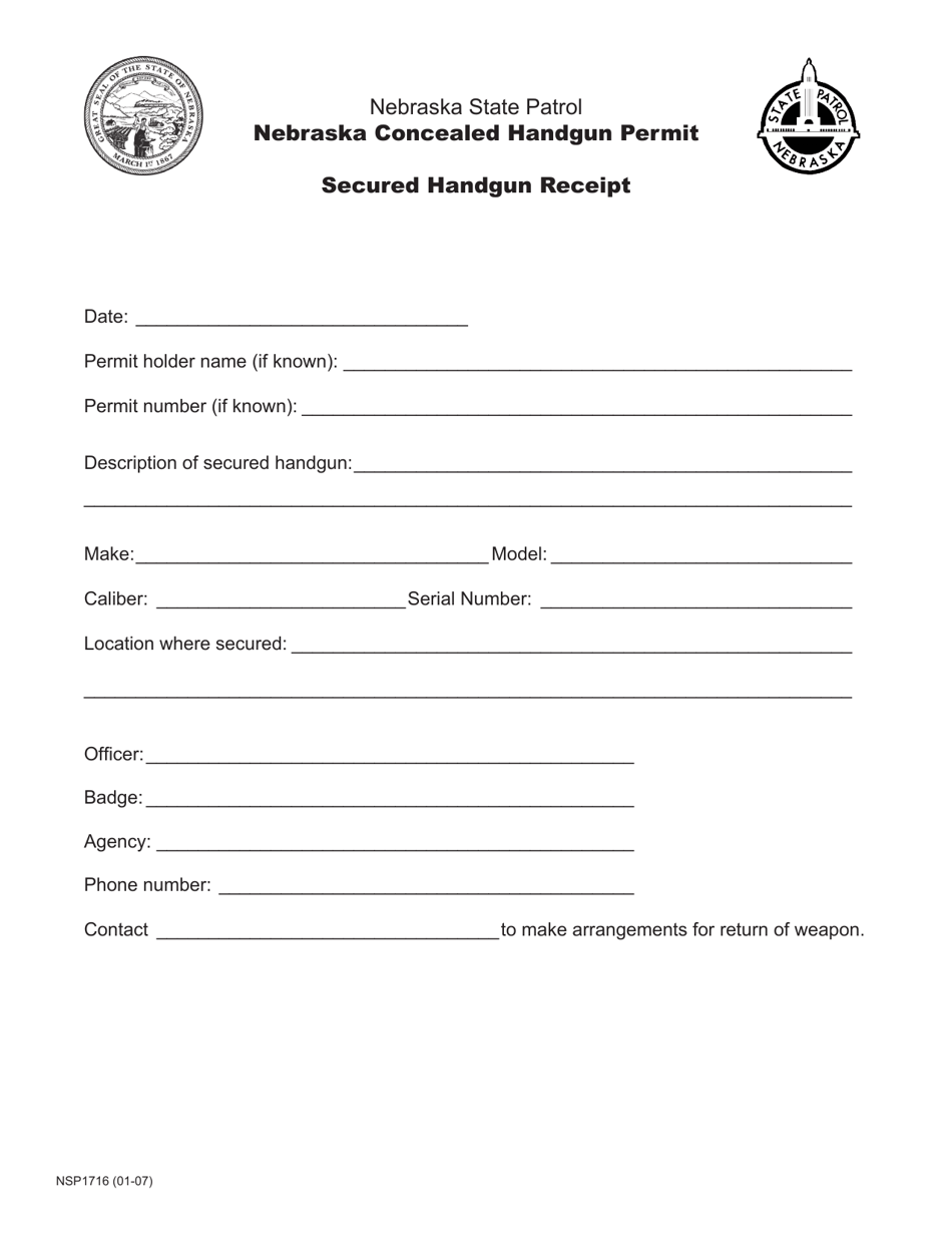 Form NSP1716 Secured Handgun Receipt - Nebraska, Page 1