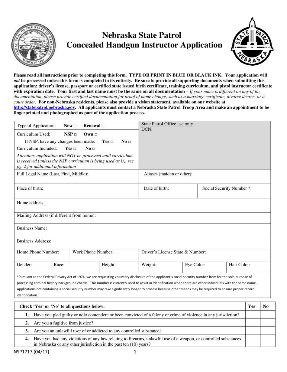 Form NSP1717 Concealed Handgun Permit Instructor Application Form - Nebraska, Page 1