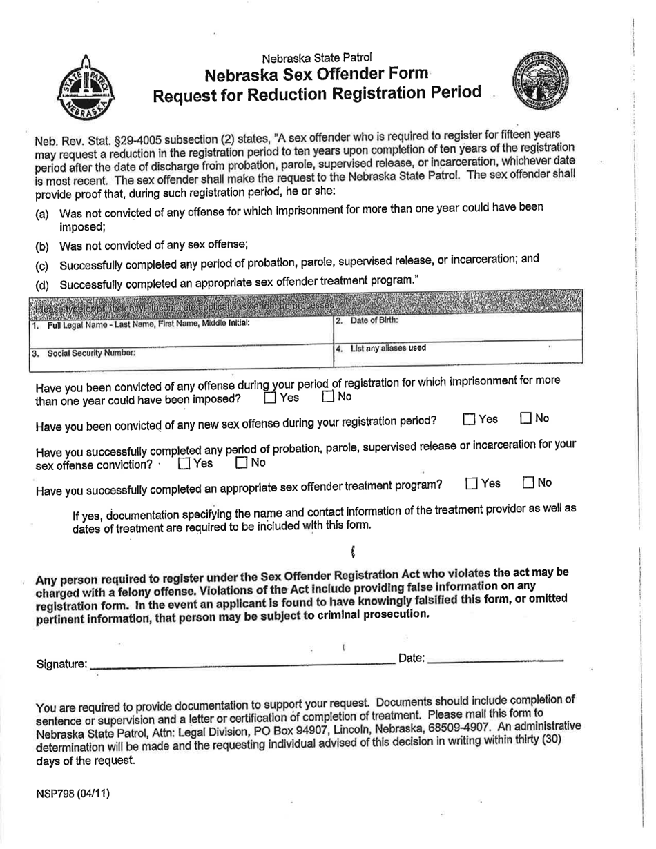 Form NSP798 Sex Offender Form Request for Reduction Registration Period - Nebraska, Page 1