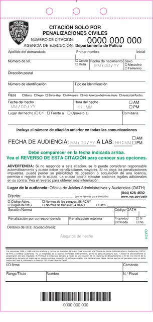 Citacion Solo Por Penalizaciones Civiles - New York City (Spanish) Download Pdf