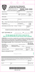 Document preview: Summons to Appear for Civil Penalties Only - New York City (Haitian Creole)