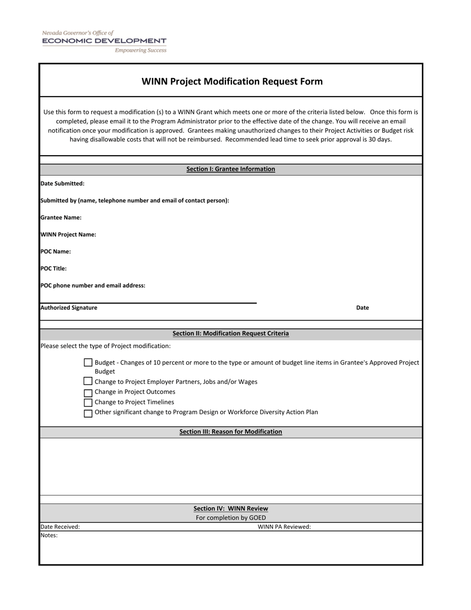 Winn Project Modification Request Form - Nevada, Page 1