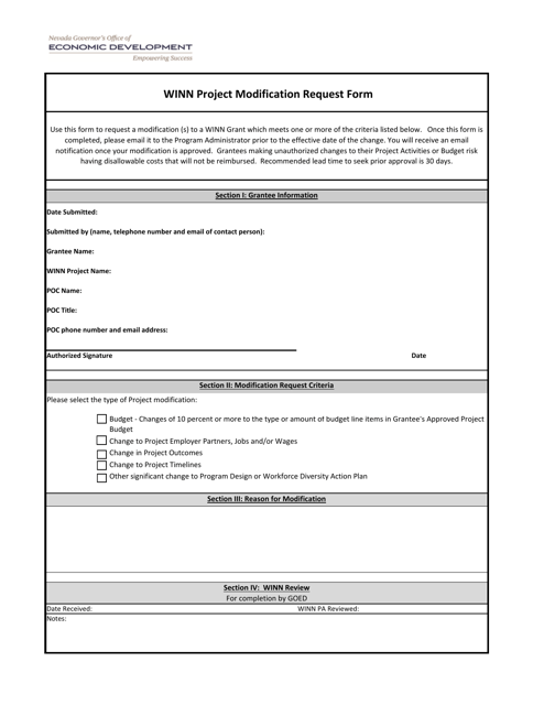 Winn Project Modification Request Form - Nevada Download Pdf
