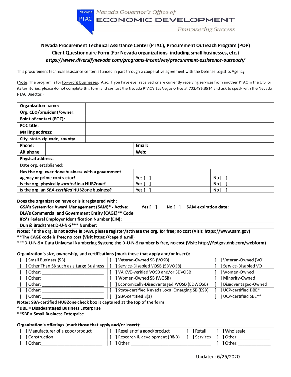 Client Questionnaire Form (For Nevada Organizations, Including Small Businesses, Etc.) - Nevada, Page 1