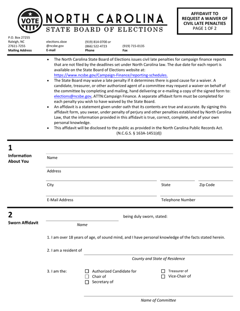 Affidavit to Request a Waiver of Civil Late Penalties - North Carolina Download Pdf