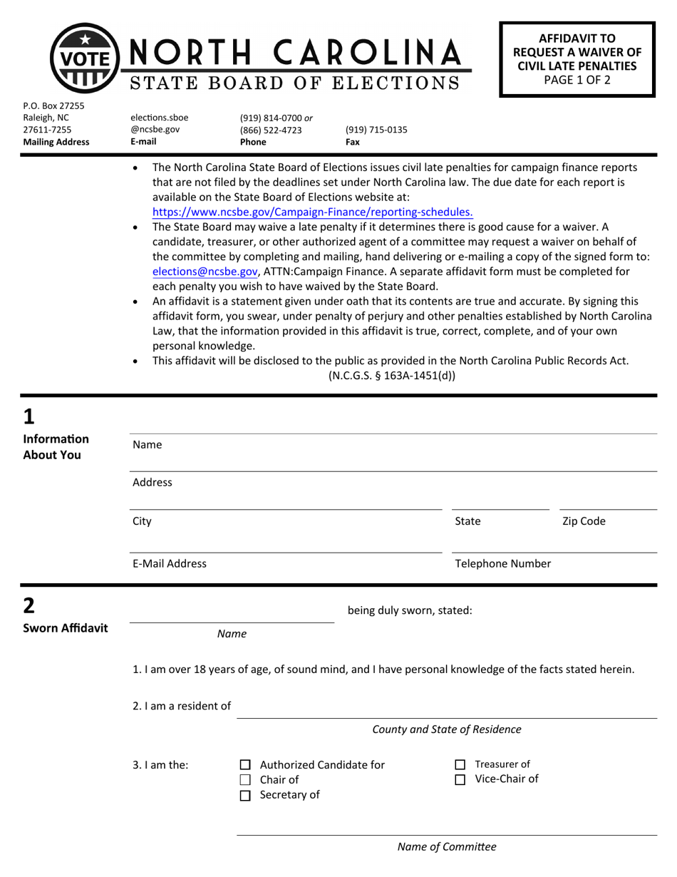 Affidavit to Request a Waiver of Civil Late Penalties - North Carolina, Page 1