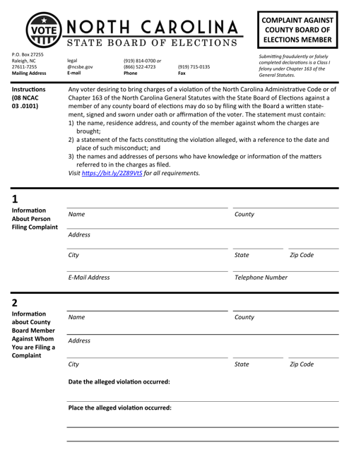 Complaint Against County Board of Elections Member - North Carolina Download Pdf