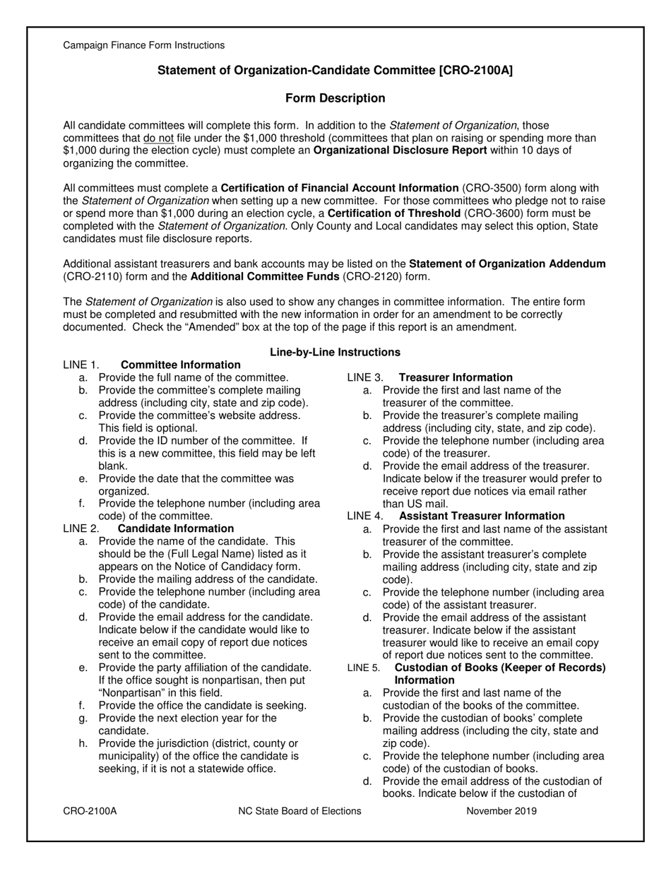 Instructions for Form CRO-2100A Statement of Organization - Candidate Committee - North Carolina, Page 1