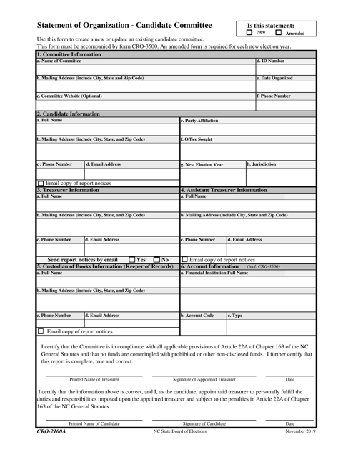 Form CRO-2100A Statement of Organization - Candidate Committee - North Carolina