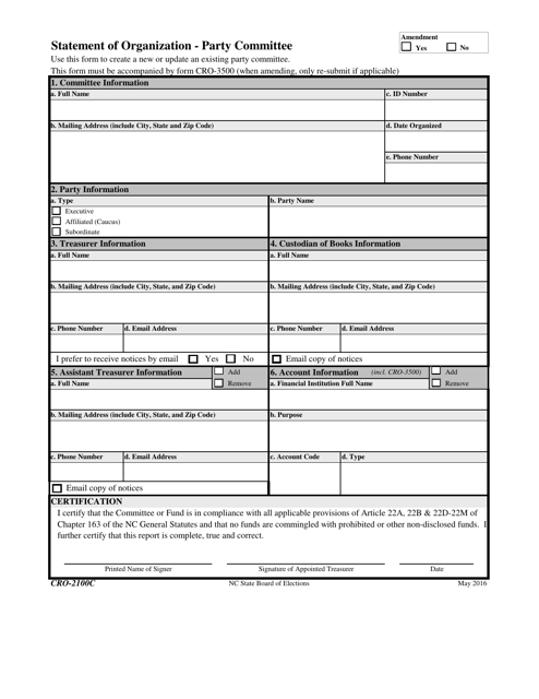 Form CRO-2100C Statement of Organization - Party Committee - North Carolina
