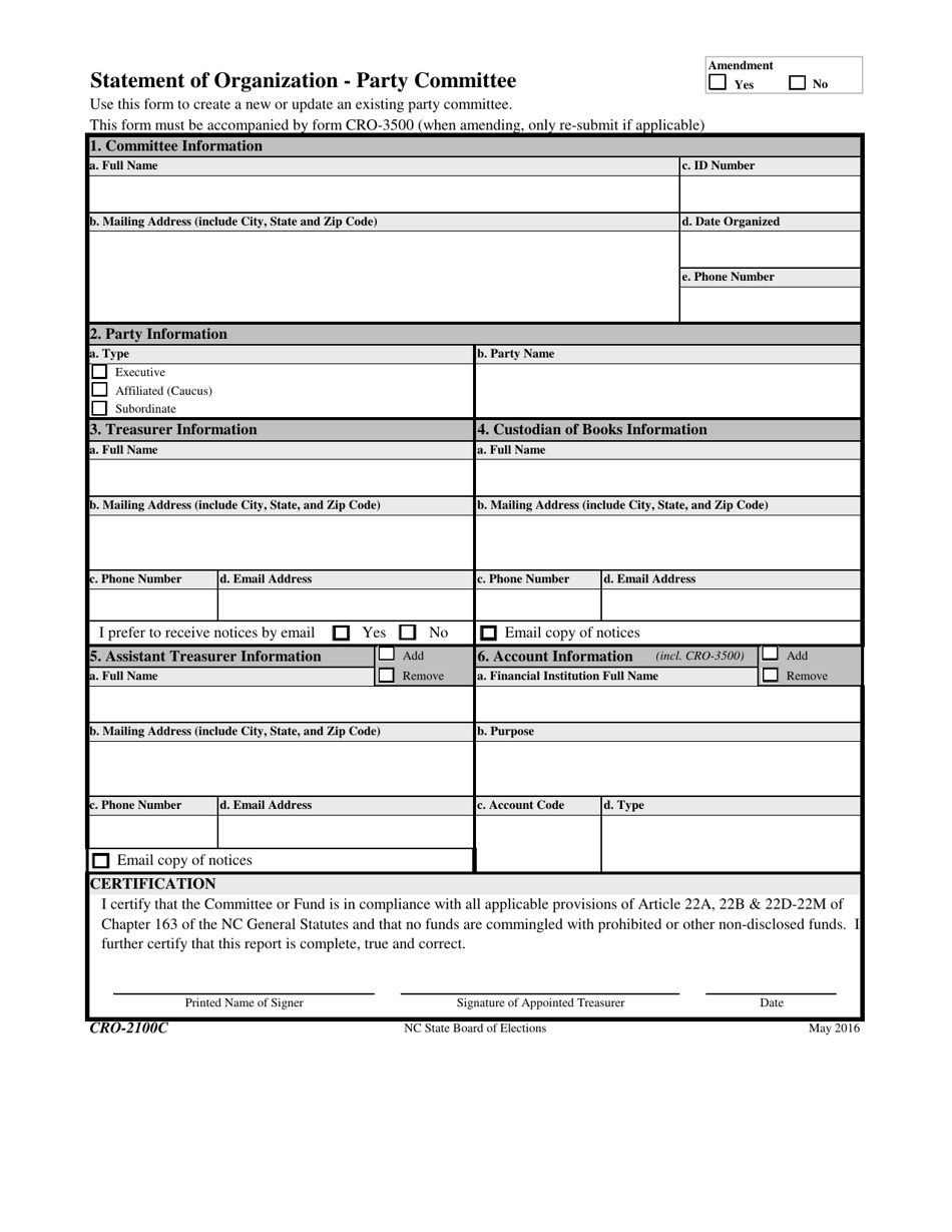 Form CRO-2100C Statement of Organization - Party Committee - North Carolina, Page 1