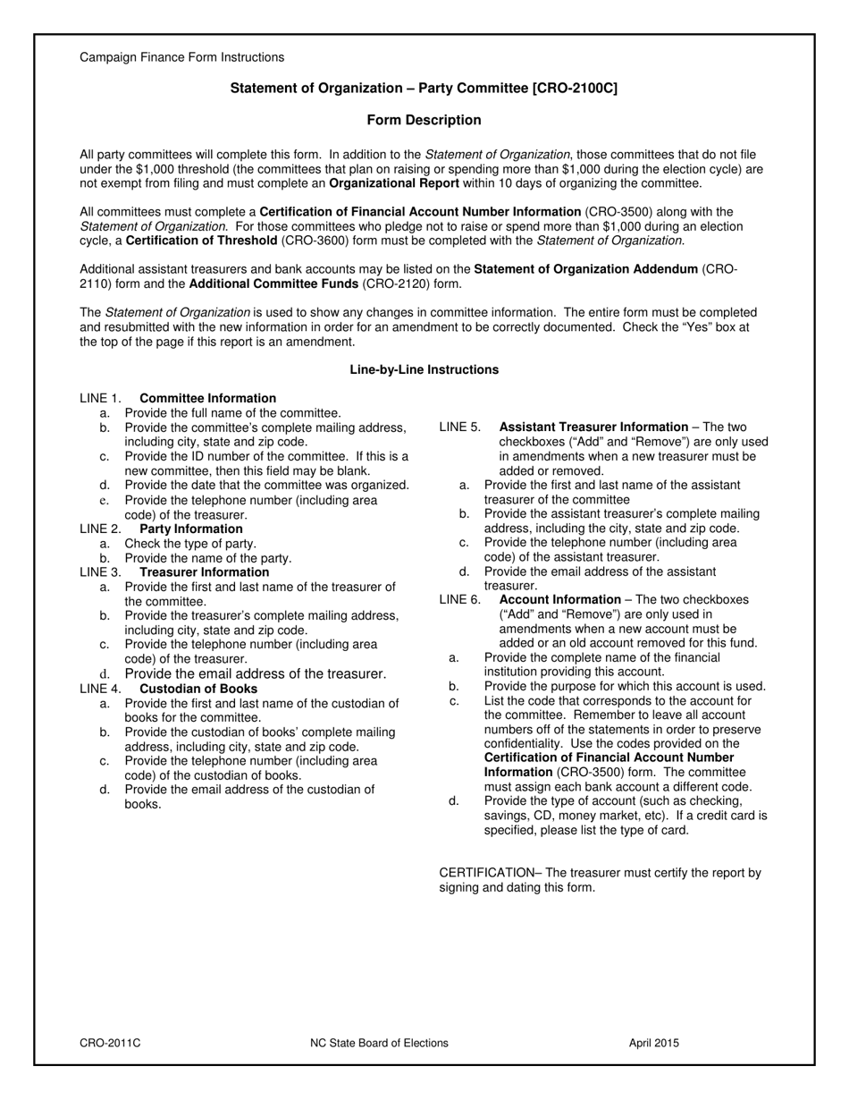 Instructions for Form CRO-2100C Statement of Organization - Party Committee - North Carolina, Page 1