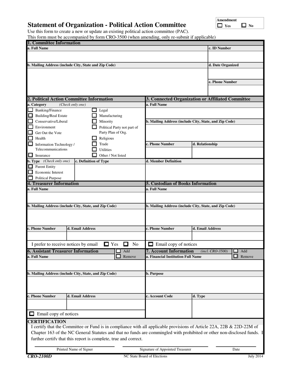 Form CRO-2100D Statement of Organization - Political Action Committee - North Carolina, Page 1