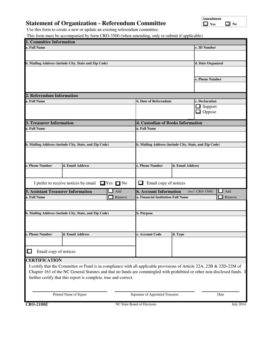 Form CRO-2100E Statement of Organization - Referendum Committee - North Carolina, Page 1