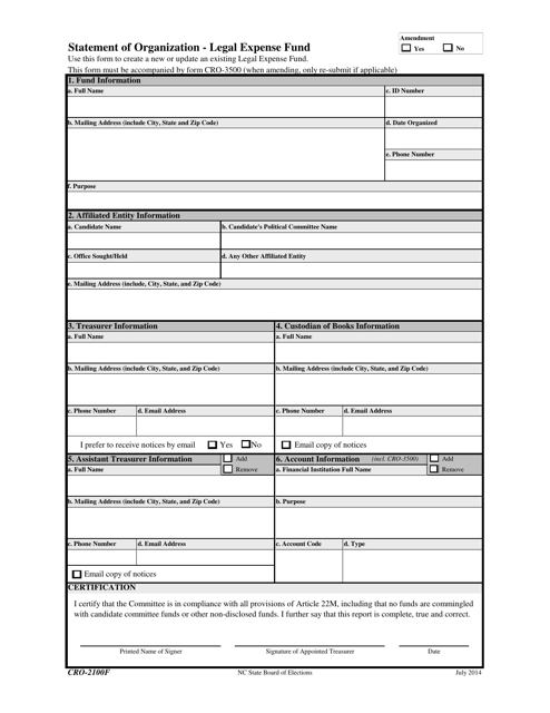 Form CRO-2100F Statement of Organization - Legal Expense Fund - North Carolina