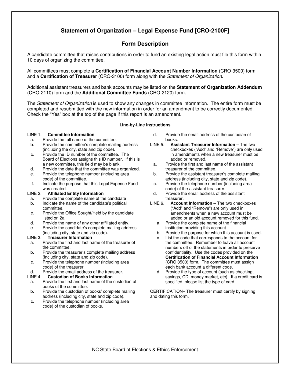 Instructions for Form CRO-2100F Statement of Organization - Legal Expense Fund - North Carolina, Page 1