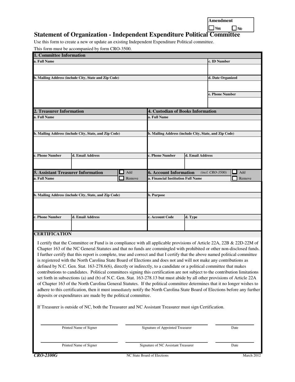 Form CRO-2100G Statement of Organization - Independent Expenditure Political Committee - North Carolina, Page 1