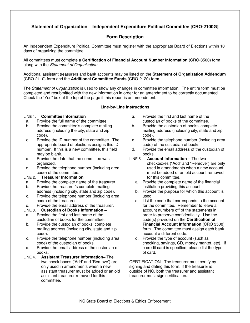 Instructions for Form CRO-2100G Statement of Organization - Independent Expenditure Political Committe - North Carolina, Page 1