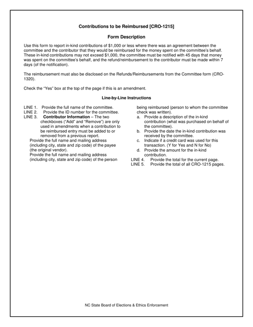Instructions for Form CRO-1215 Contributions to Be Reimbursed - North Carolina