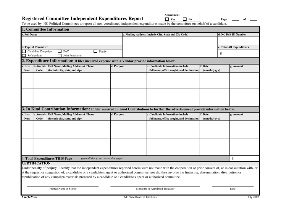 Form CRO-2520 Registered Committee Independent Expenditures Report - North Carolina, Page 1