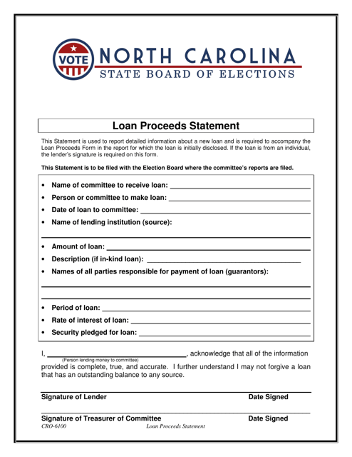 Form CRO-6100 Loan Proceeds Statement - North Carolina