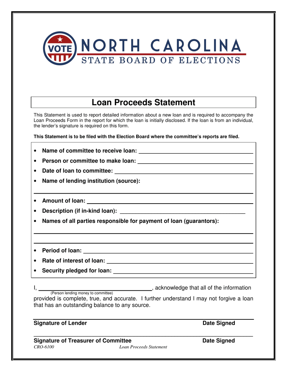 Form CRO-6100 Loan Proceeds Statement - North Carolina, Page 1