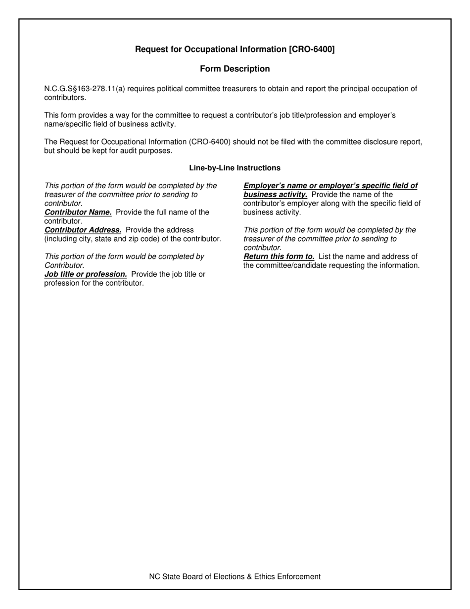 Instructions for Form CRO-6400 Request for Occupational Information - North Carolina, Page 1