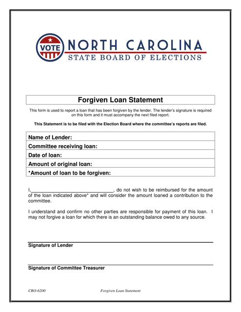 Form CRO-6200 Forgiven Loan Statement - North Carolina