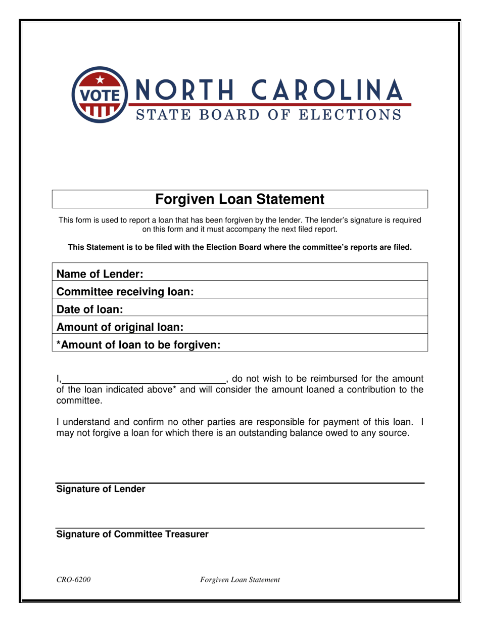 Form CRO-6200 Forgiven Loan Statement - North Carolina, Page 1
