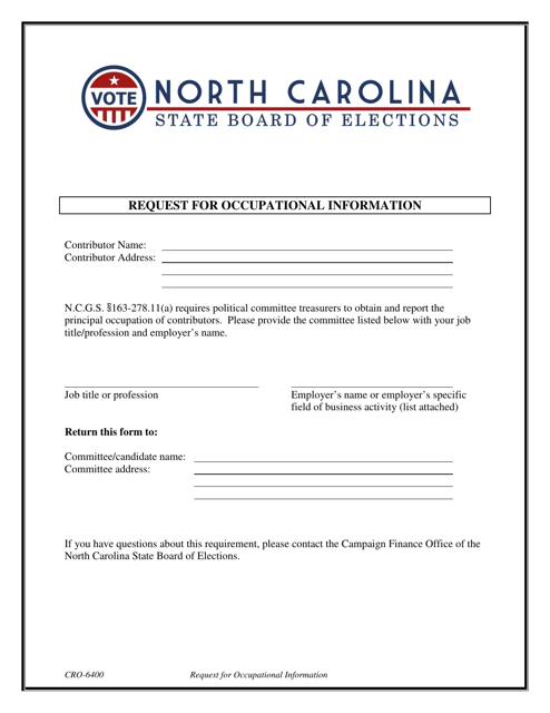 Form CRO-6400 Request for Occupational Information - North Carolina