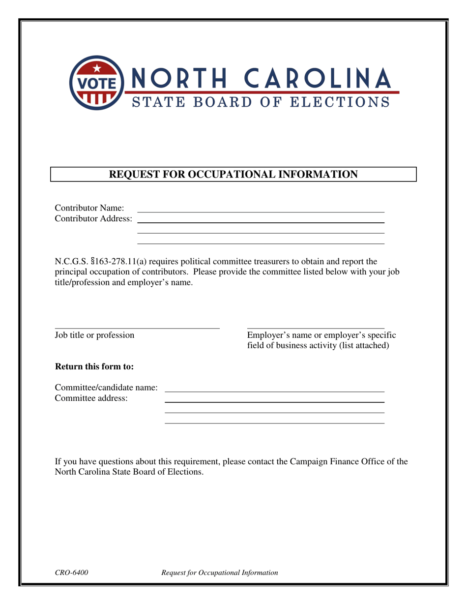 Form CRO-6400 Request for Occupational Information - North Carolina, Page 1