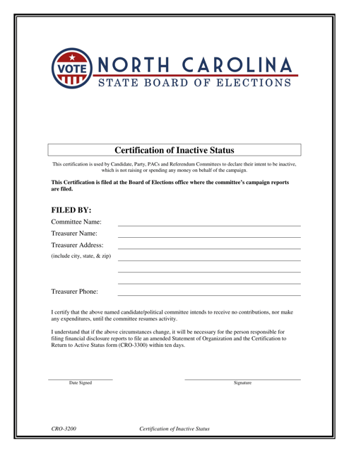 Form CRO-3200 Certification of Inactive Status - North Carolina