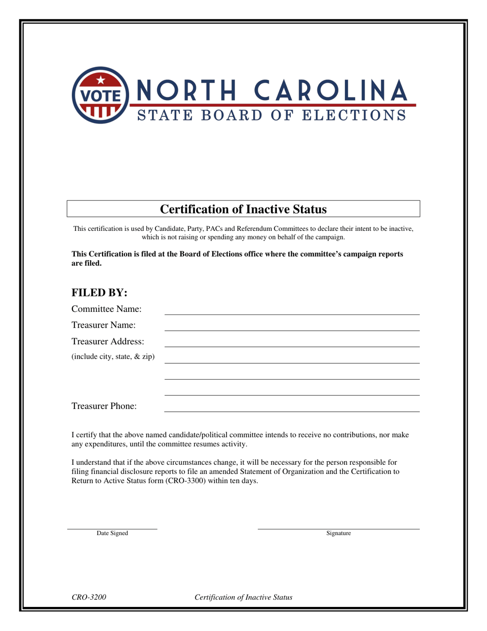 Form CRO-3200 Certification of Inactive Status - North Carolina, Page 1