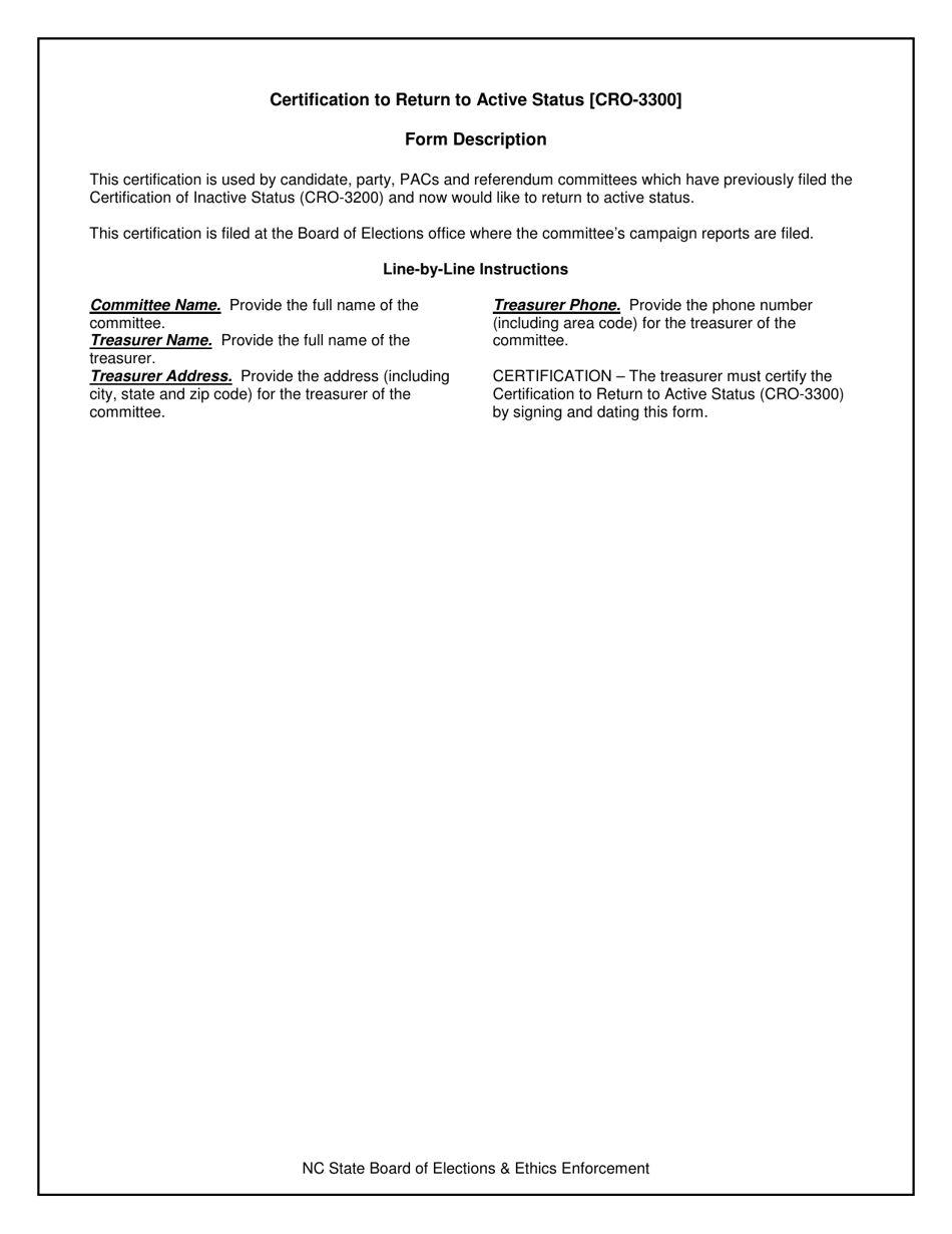 Instructions for Form CRO-3300 Certification to Return to Active Status - North Carolina, Page 1