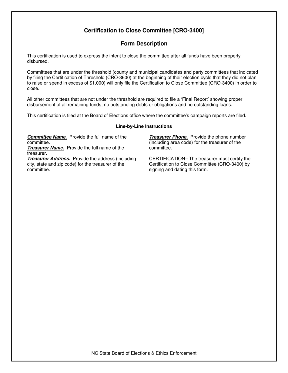 Instructions for Form CRO-3400 Certification to Close Committee - North Carolina, Page 1