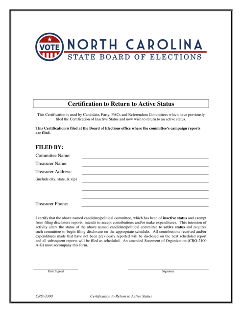 Form CRO-3300 Certification to Return to Active Status - North Carolina