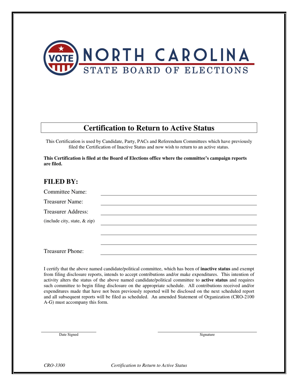 Form CRO-3300 Certification to Return to Active Status - North Carolina, Page 1
