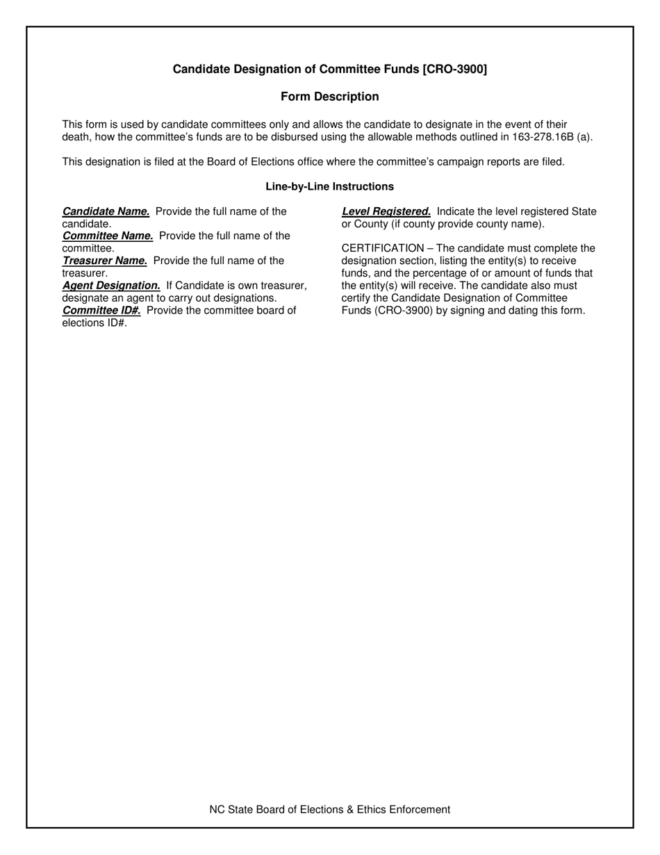 Instructions for Form CRO-3900 Candidate Designation of Committee Funds - North Carolina, Page 1