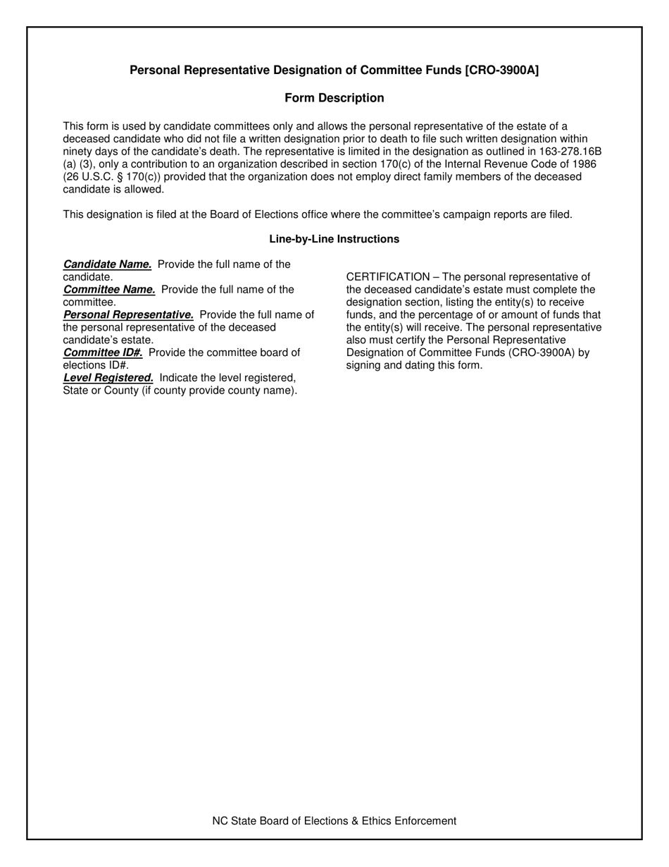 Instructions for Form CRO-3900A Personal Representative Designation of Committee Funds - North Carolina, Page 1