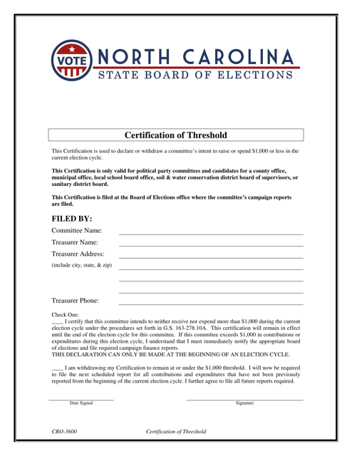 Form CRO-3600 Certification of Threshold - North Carolina