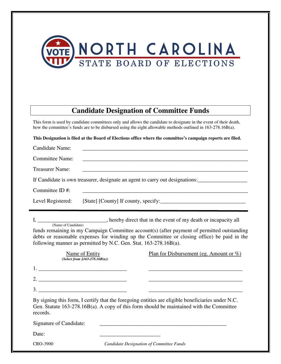 Form CRO-3900 Candidate Designation of Committee Funds - North Carolina, Page 1