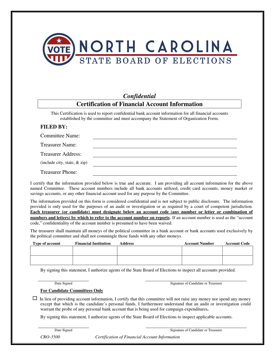 Form CRO-3500 Certification of Financial Account Information - North Carolina, Page 1