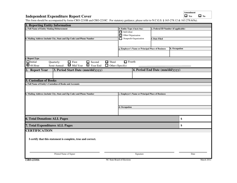 Form CRO-2210A Independent Expenditure Report Cover - North Carolina