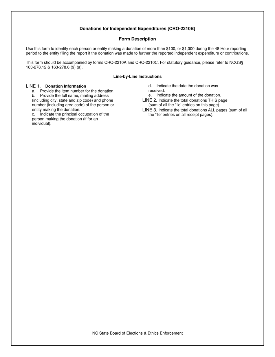 Instructions for Form CRO-2210B Donations for Independent Expenditure - North Carolina, Page 1