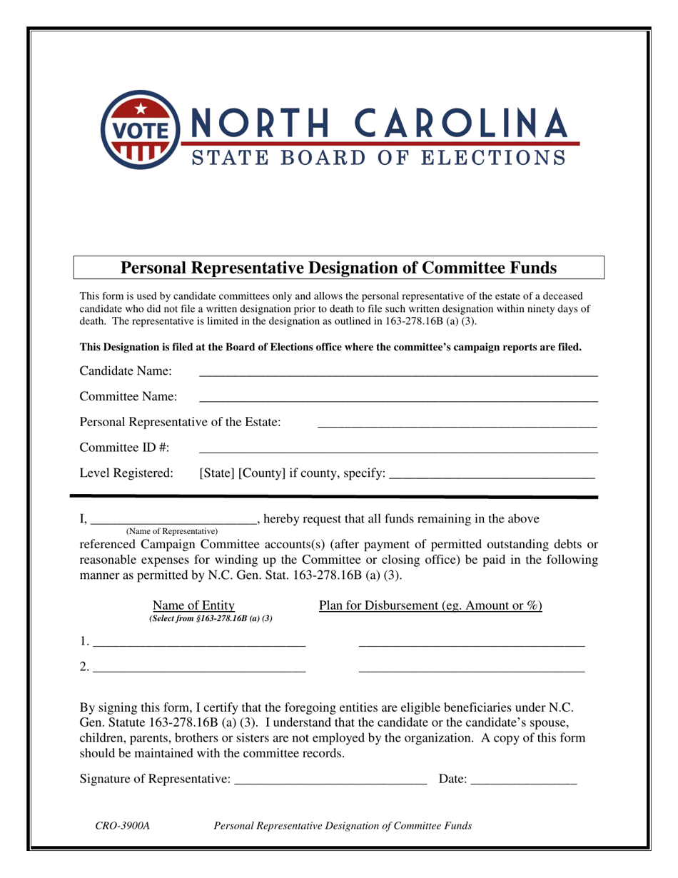 Form CRO-3900A Personal Representative Designation of Committee Funds - North Carolina, Page 1