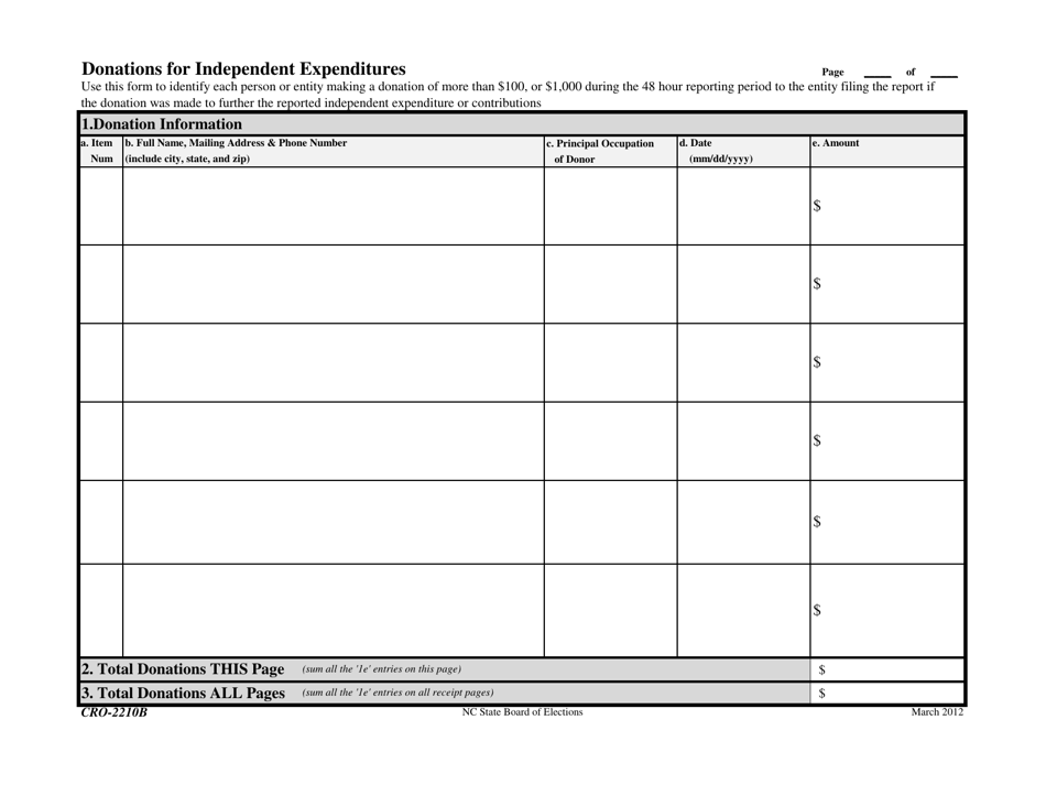Form CRO-2210B Donations for Independent Expenditures - North Carolina, Page 1