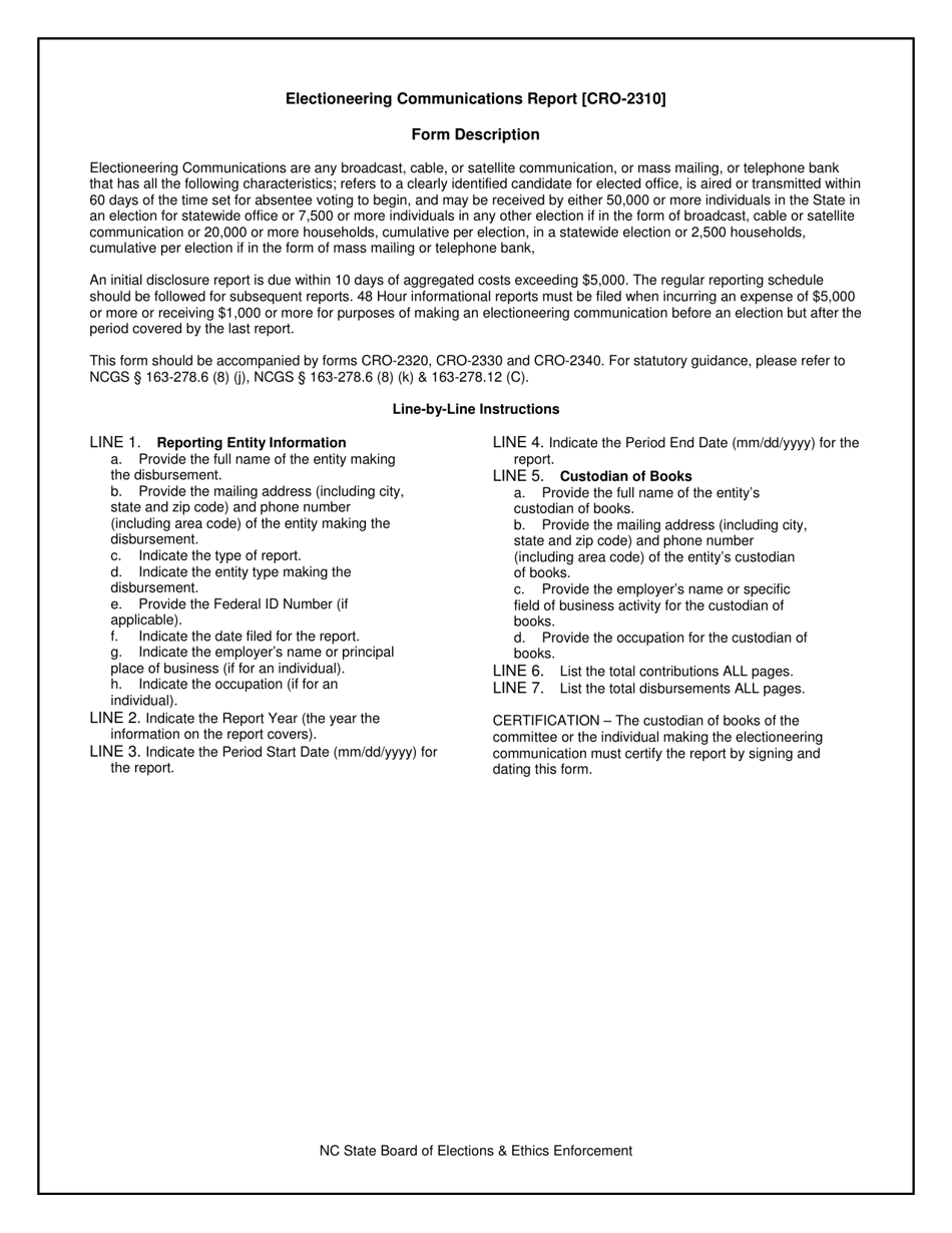Instructions for Form CRO-2310 Electioneering Communications Report - North Carolina, Page 1
