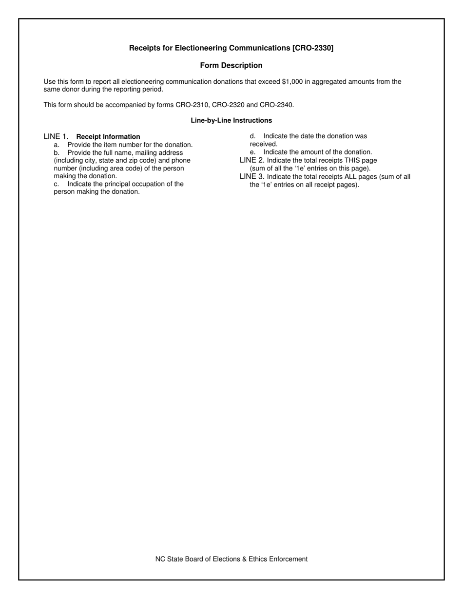 Instructions for Form CRO-2330 Receipts for Electioneering Communications - North Carolina, Page 1